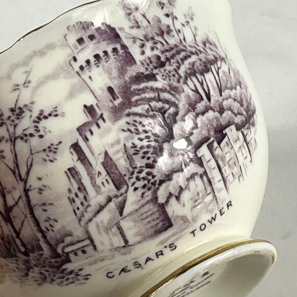 Sutherland China Tea Bowl Historical Britain Warwickshire Purple Gold Rim 1950s - Picture 9 of 13